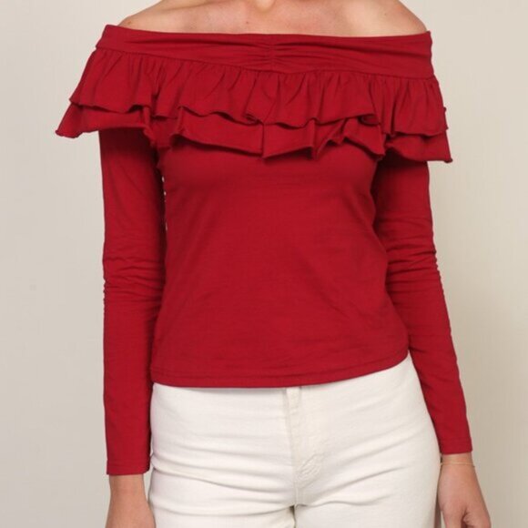 #31 - Lala Off Shoulder Deep Red Ruffle Top - Picture 2 of 4